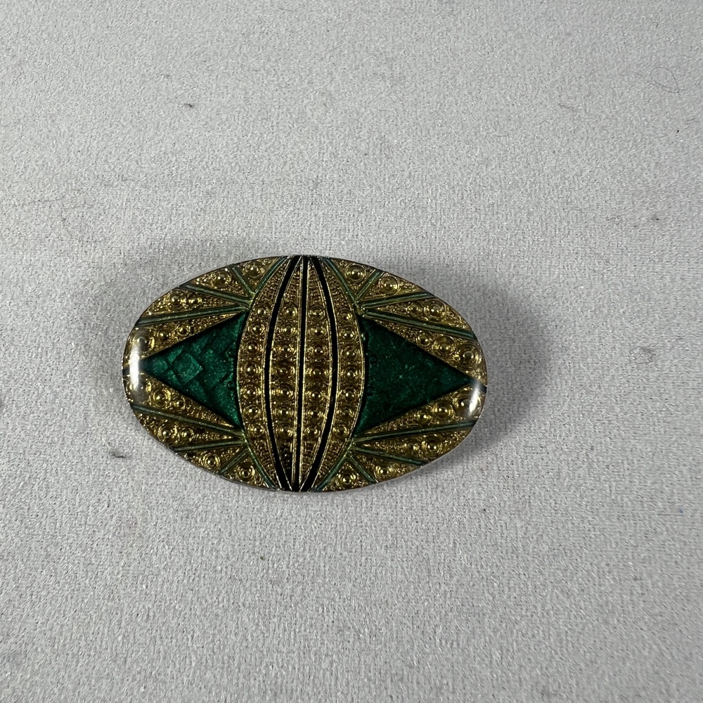 Vintage Gold Tone Teal Brooch Art Deco Style Ornate Accessory Elegant Glamour